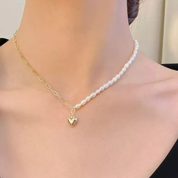 Gold Plated Cultured Baroque Pearl Chain‎ Link Heart Pendant Choker Necklace - Picture 5 of 10